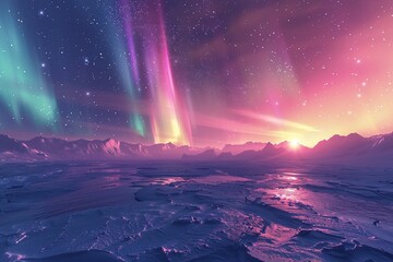 Aurora borealis over icy landscape, shimmering colors in night sky , 3D render - obrazy, fototapety, plakaty