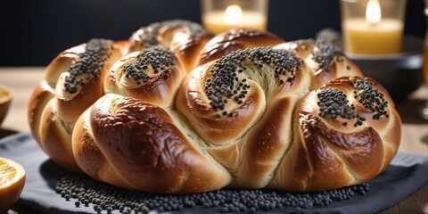 A Jew Traditional Challah Bread on a Silver Plate with a Candle A round loaf of Sabbath bread sits on a reflective silver plate. A white candle with a small flame stands beside it.