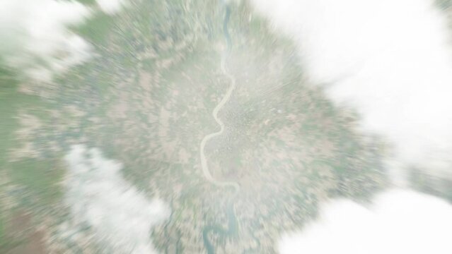 Earth zoom in from space to Pathein, Myanmar. Followed by zoom out through clouds and atmosphere into space. Satellite view. Travel intro. Images from NASA