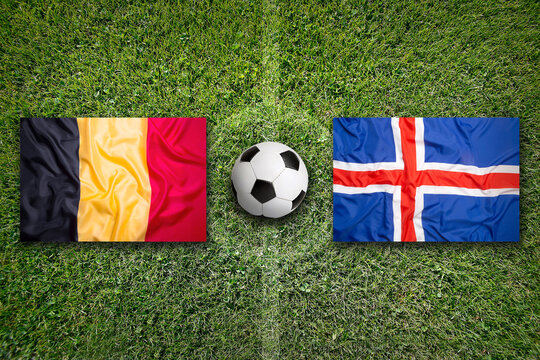 Belgium vs. Iceland flags on soccer field