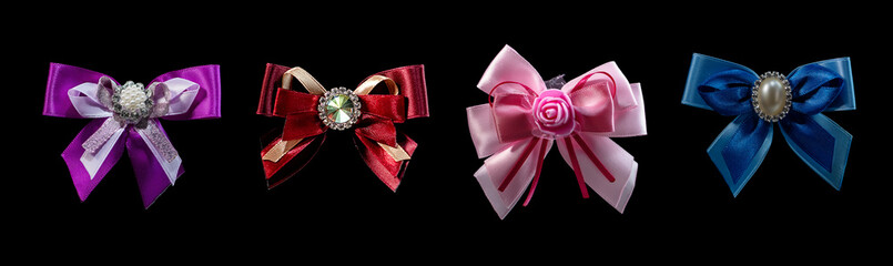 Collection of ribbons with flowers isolated on black background
