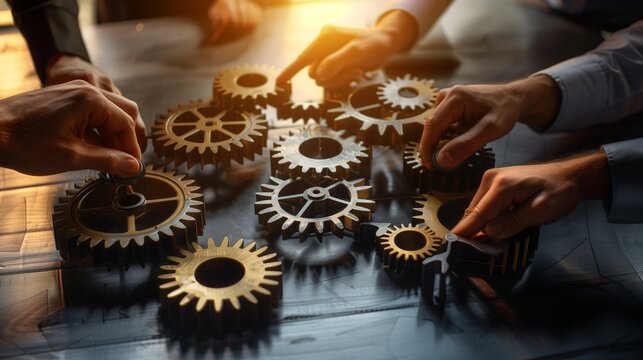 A dynamic, close-up shot of a team of business professionals in the process of joining together intricate gears, with a focus on their hands and the gears.