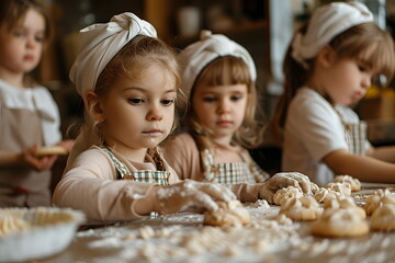 children preparing dessert in chef hats in a kitchen