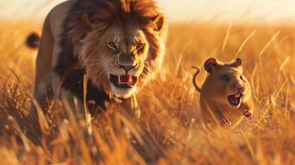 Lion and Mouse Running in Field - obrazy, fototapety, plakaty