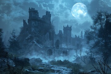 Medieval castle ruins under a full moon, misty and mysterious , blender