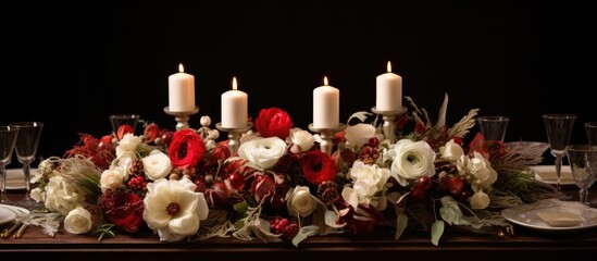 A table is adorned with a plethora of white and red flowers, creating a stunning centerpiece for a party, wedding, or holiday event. The flowers, tableware, and candles combine to form a gorgeous