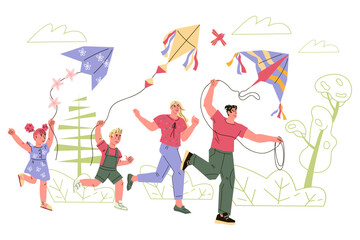 Family time with fun kite flying activities.Summer family leisure activity for children and adults, flat vector illustration isolated on white background.
