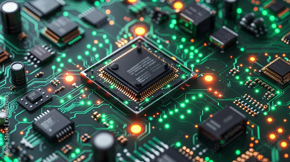 Poster isometric vector illustration of a microprocessor circuit board isolated on a white background.