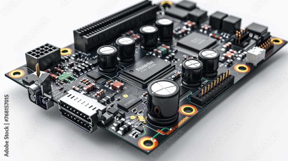 Poster isometric vector illustration of a microprocessor circuit board isolated on a white background.