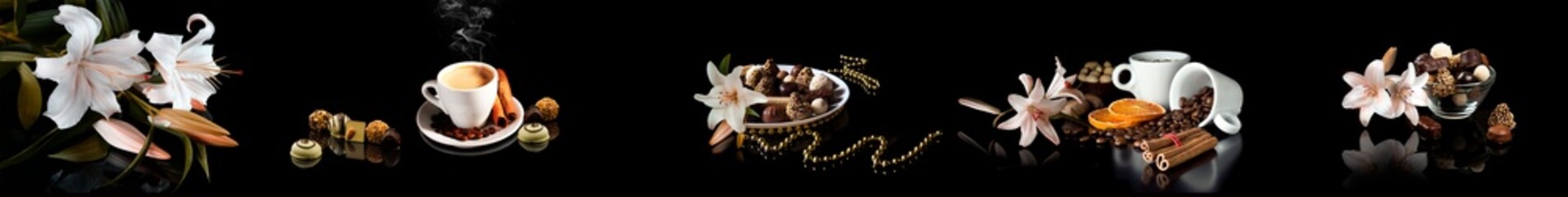 Chocolate candies with lily flowers on a dark background