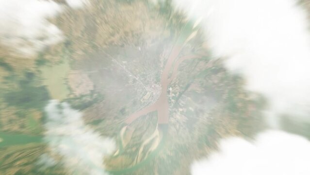 Earth zoom in from space to Kampong Cham, Cambodia. Followed by zoom out through clouds and atmosphere into space. Satellite view. Travel intro. Images from NASA