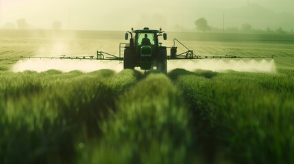 Fototapeta premium Large Green Tractor Driving Through Field