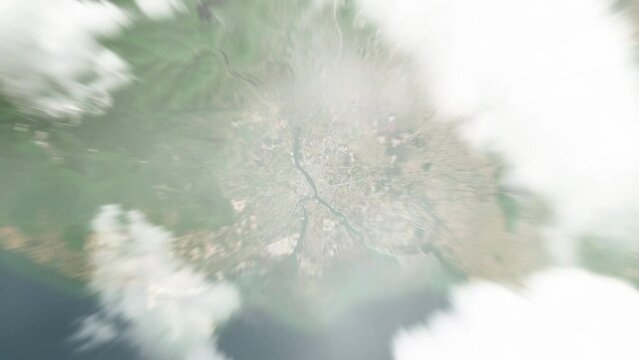 Earth zoom in from space to Kampot, Cambodia. Followed by zoom out through clouds and atmosphere into space. Satellite view. Travel intro. Images from NASA