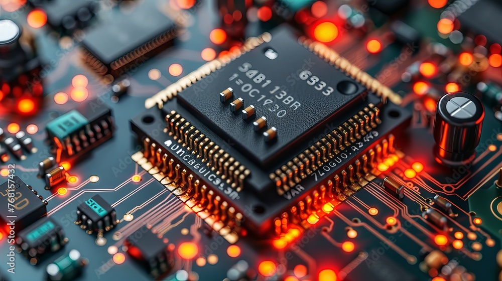 Poster isometric vector illustration of a microprocessor circuit board isolated on a white background.