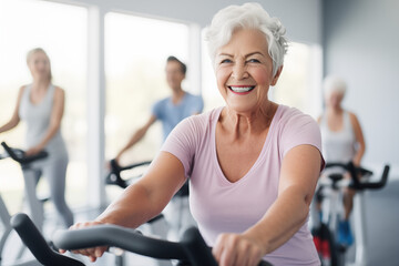 Elderly woman taking indoor cycling class at fitness center, woman practicing elliptical cycle in a gym, doing cardio riding cycle - obrazy, fototapety, plakaty