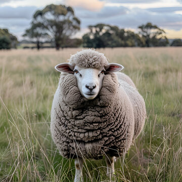 photograph of a healthy and plump merino sheep, far shot in a field, focus on sheep