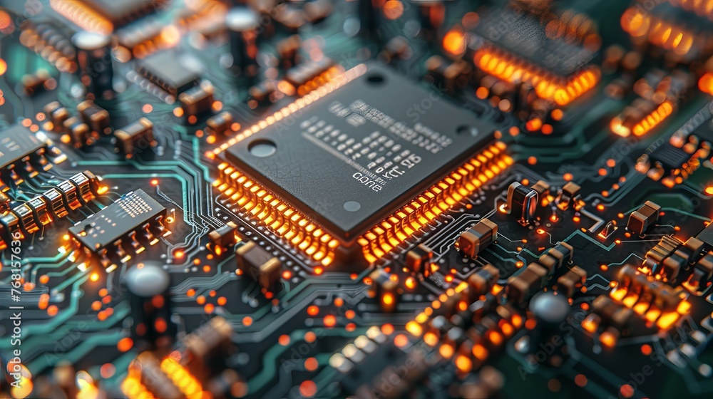 Poster isometric vector illustration of a microprocessor circuit board isolated on a white background.