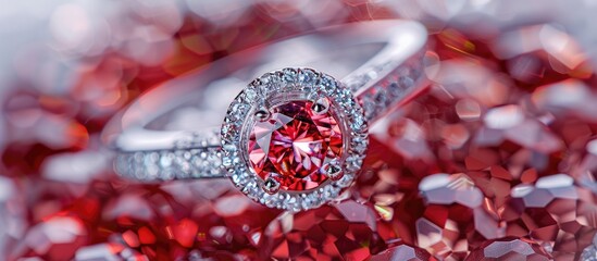 A detailed close-up view of a red diamond ring, showcasing its intricate design and vibrant red hue. The ruby gemstones add a touch of elegance and luxury to the jewelry piece.