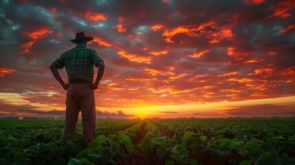 Brazilian Farmer Standing in Sunset Field