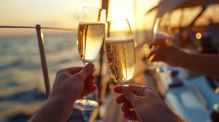 Friends toasting with champagne glasses on yacht, people having fun and celebrating, luxury sailboat party, sunset - obrazy, fototapety, plakaty