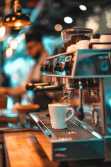 Coffee machine in a coffee shop. Barista in the background blurred
