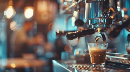 Coffee machine in a coffee shop. Barista in the background blurred - obrazy, fototapety, plakaty