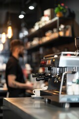 Fototapeta na wymiar Coffee machine in a coffee shop. Barista in the background blurred