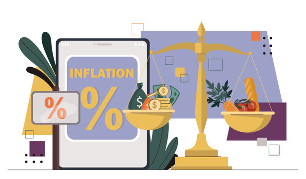 Inflation in economy concept. Golden scales with products and golden coins. Economic crisis and recession. Nominal of dollars and euros. Cost of life. Cartoon flat vector illustration
