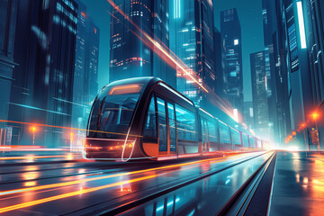 Fototapeta na wymiar Modern tram speeds through a vibrant, neon-lit city of the future under the night sky