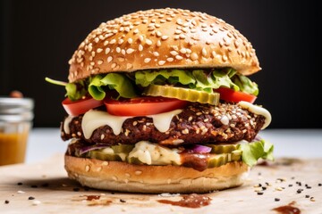 Tempting burguer on a rustic plate against a white marble background