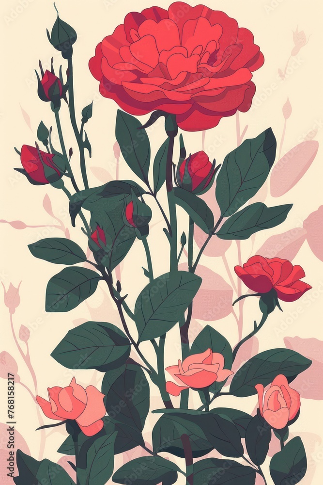 Wall mural Sweet rose. Beautiful flat illustration on white background - Wall murals
