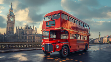 Classic red bus on bridge with the iconic big ben in the background at dusk