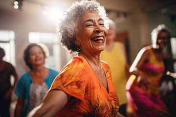 Elderly fitness enthusiasts staying vibrant as they exercise together in the gym, old women practicing yoga - obrazy, fototapety, plakaty