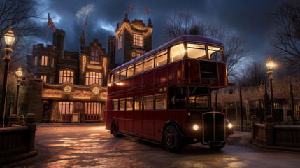 Classic red bus parked in front of a historic building under evening lights