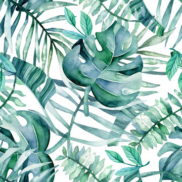 Seamless watercolor pattern with tropical leaves. Hand drawn monstera leaves, palm trees, banana leaves. Design for printing on fabric, wrapping paper.