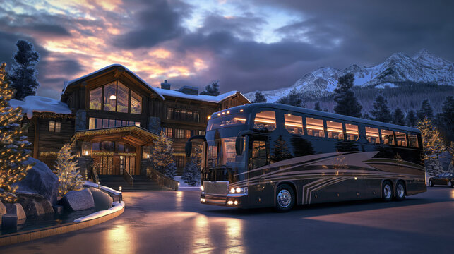 High-end tour bus sits outside a large, illuminated mountain lodge as the evening sky glows