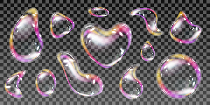 Abstract realistic bubbles with refraction and glare. Vector illustration with soapy foam or colorful shiny rainbow balls isolated on a transparent background.