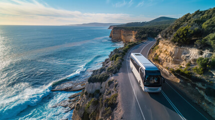 Aerial view of a tour bus driving on a beautiful coastal road with cliffs and ocean waves