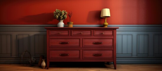 A red dresser stands against red walls in a room, adding a bold pop of color to the interior. The room appears cozy and inviting, with the dresser serving as a functional piece of furniture for