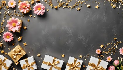 Gift boxes with gold bow and confetti on black background. AI generated