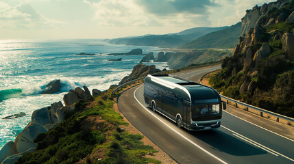 Luxury tour bus traveling on a coastal road with breathtaking ocean views and cliffs - obrazy, fototapety, plakaty