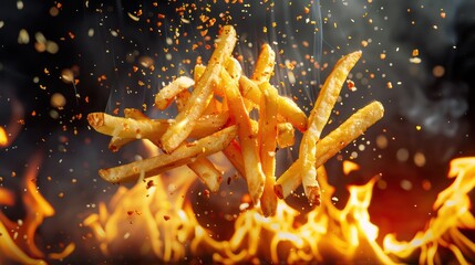 French fries with spices in the air. Cinema effect. Isolated on black background - obrazy, fototapety, plakaty