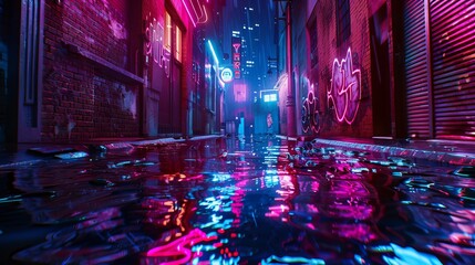 Neon night in a futuristic city. Photorealistic 3D illustration. Wallpaper in a cyberpunk style. Empty street with neon lights reflecting in a water. Beautiful night cityscape. Grunge urban landscape
