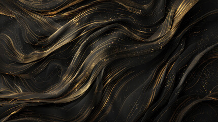 Black Satin with Gold Glitter, Elegant Wavy Fabric, Luxurious Background with Sparkles
