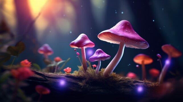 Fantasy Magical Mushrooms and Butterfly in enchanted Fairy Tale dreamy elf Forest with fabulous Fairytale blooming pink