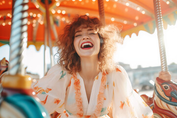 A young lady smiling and  enjoy on carousel, Adorable happy young woman rides a horse on a carousel in the summer
