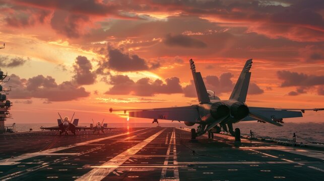 Fighter jet plane over aircraft carrier sunset background. Generated AI image