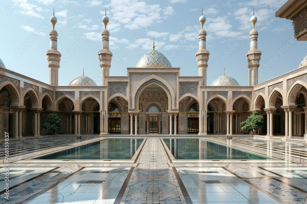 Poster a mosque with a central pool, surrounded by a peaceful sky and reflecting clouds, illuminated by nat