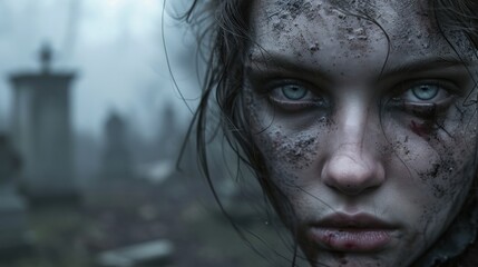 Close-up of the face of a zombie girl with dark, dirty skin and blue eyes. There is a blurry view of a cemetery in the background. - obrazy, fototapety, plakaty