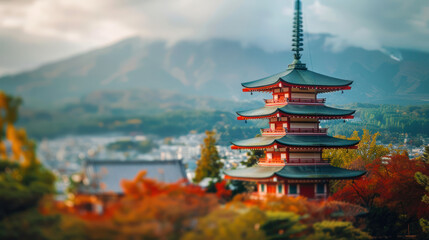 Fototapeta premium Illustration of a fantastic view of the traditional architecture of Japan in the background of a beautiful mountain in the clouds